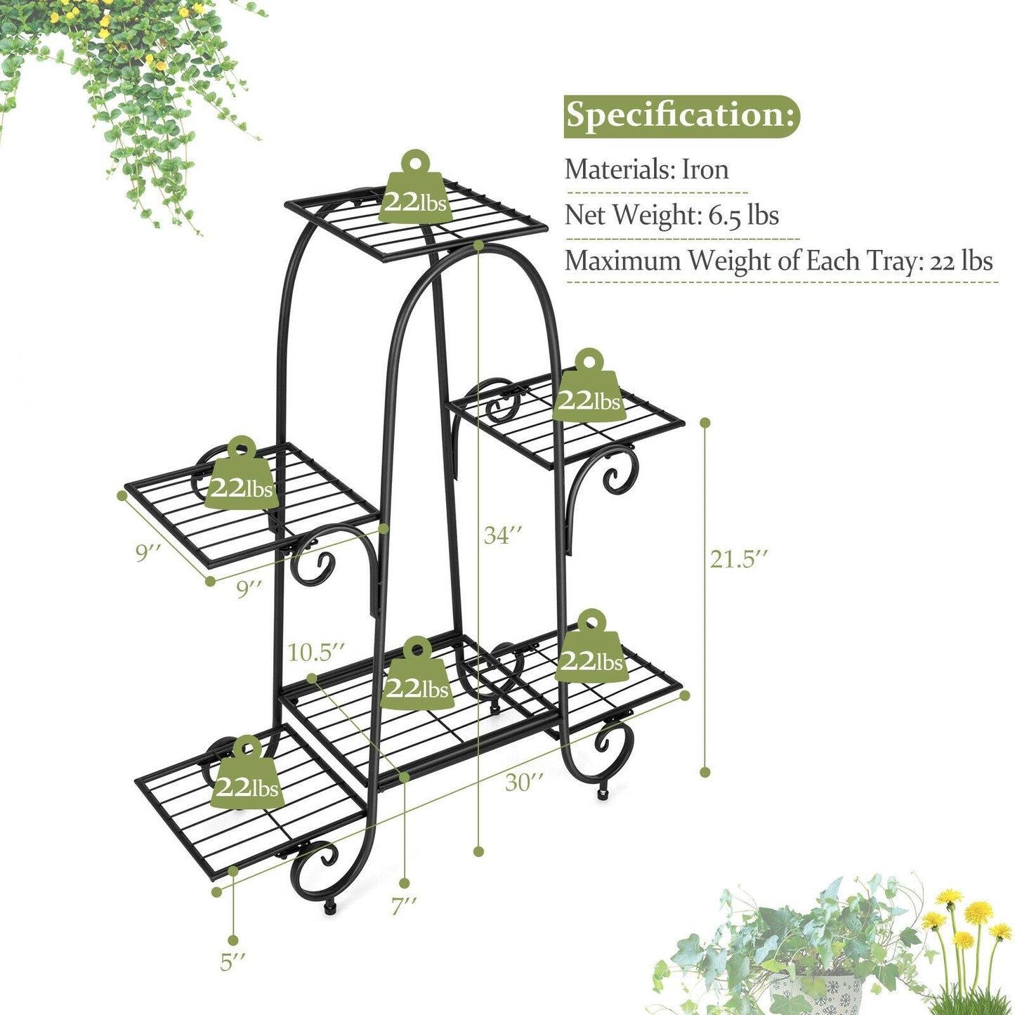 Estante de plantas de 6 niveles con almohadillas ajustables para los pies - Negro