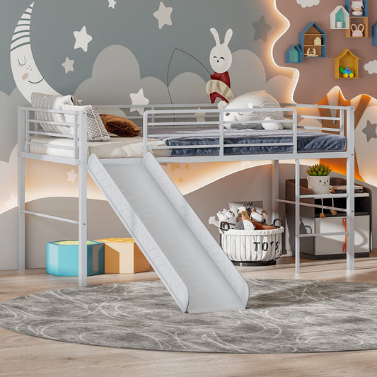 Twin Metal Loft Bed with Slide Safety Guardrails and Built-in Ladder-Silver - Tampa Home & Garden Store