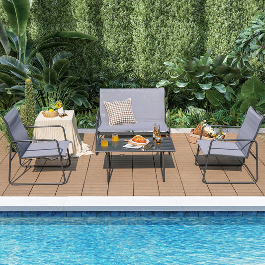 4 Pieces of Metal Patio Furniture Chat Set with Tempered Glass Coffee Table - Tampa Home & Garden Store