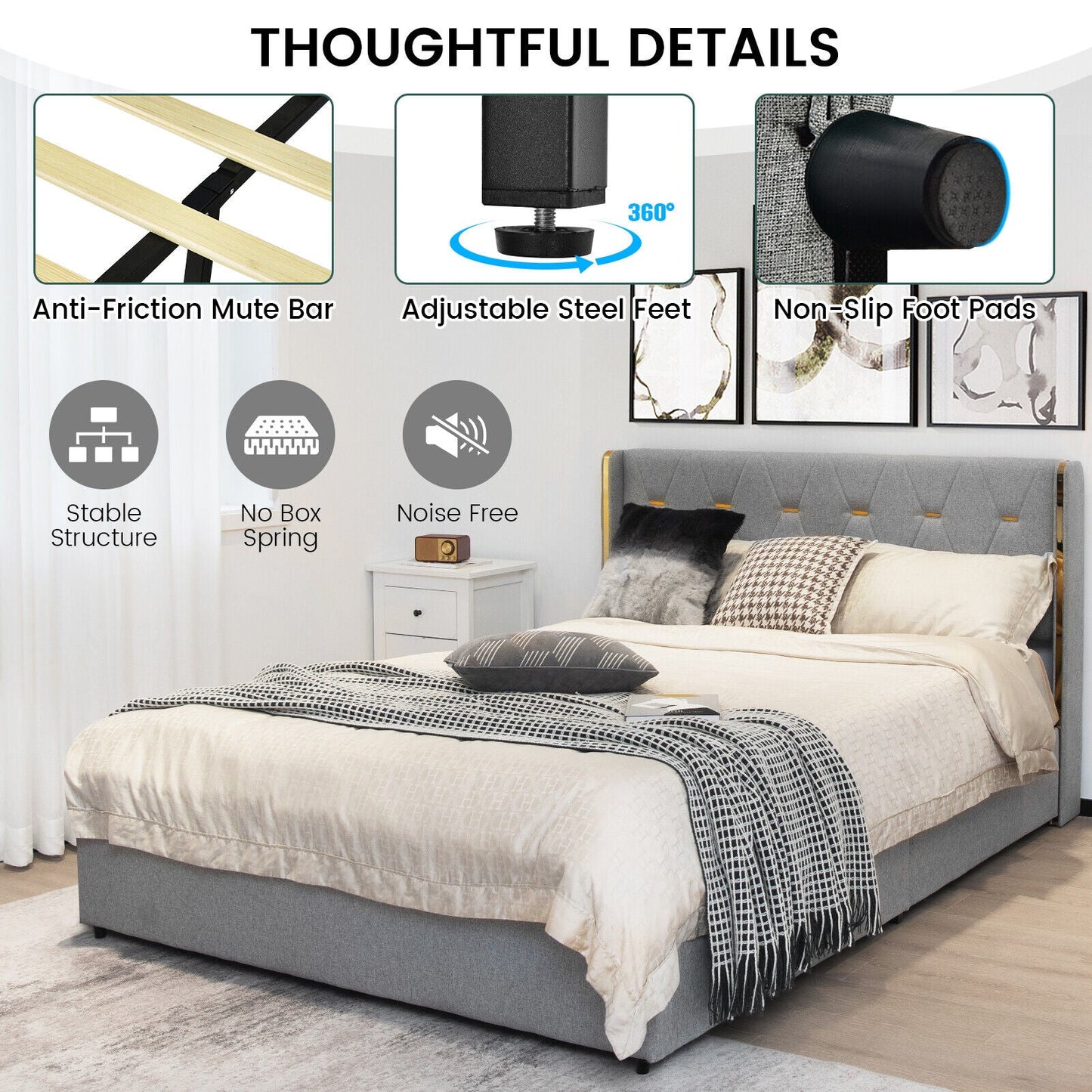 Base de cama tapizada Full/Queen con 4 cajones - Plateado - Tamaño Full