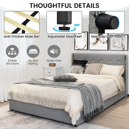 Base de cama tapizada Full/Queen con 4 cajones - Plateado - Tamaño Full