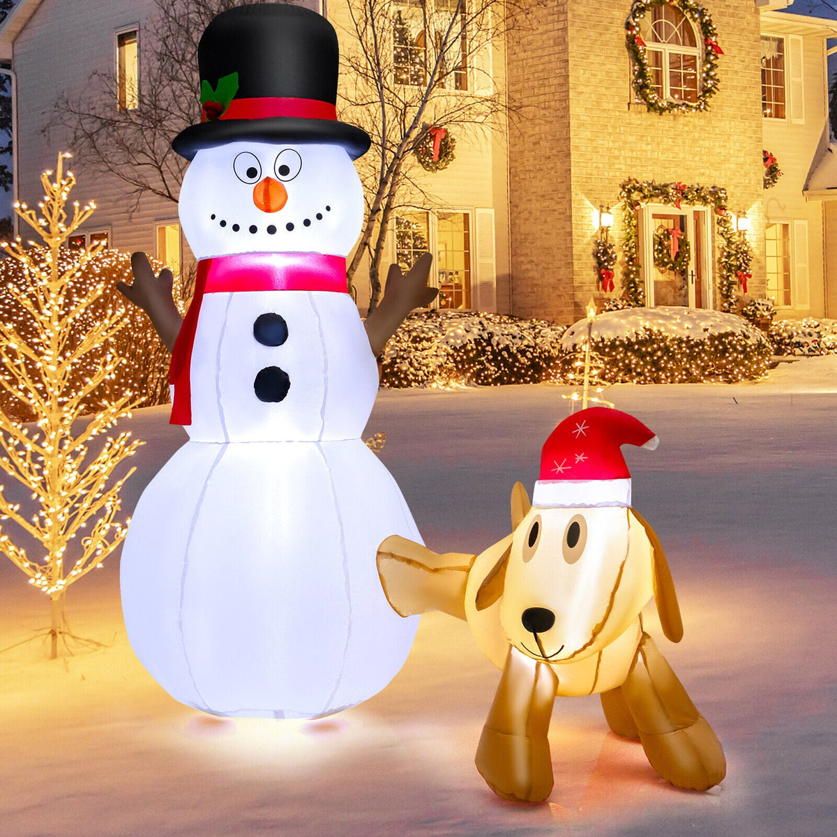 6 ft inflatable snowman and dog set with LED lights; snowman with hat and scarf, dog with Santa hat on Tampa Home & Garden Store