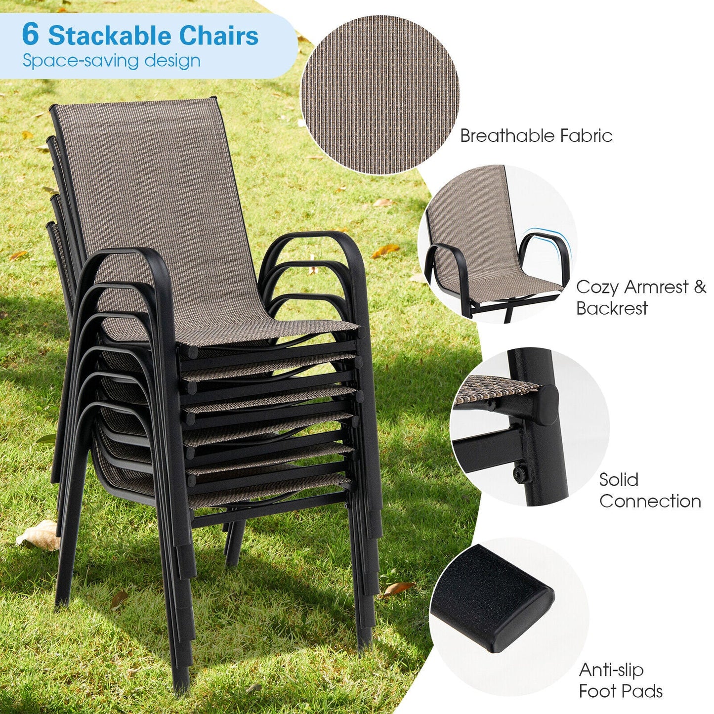 6 sillas de comedor apilables para patio con reposabrazos curvos y tela transpirable