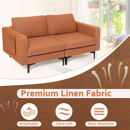 Sofá moderno de dos plazas con bolsillo lateral de almacenamiento y cojines de asiento acolchados de esponja - Naranja