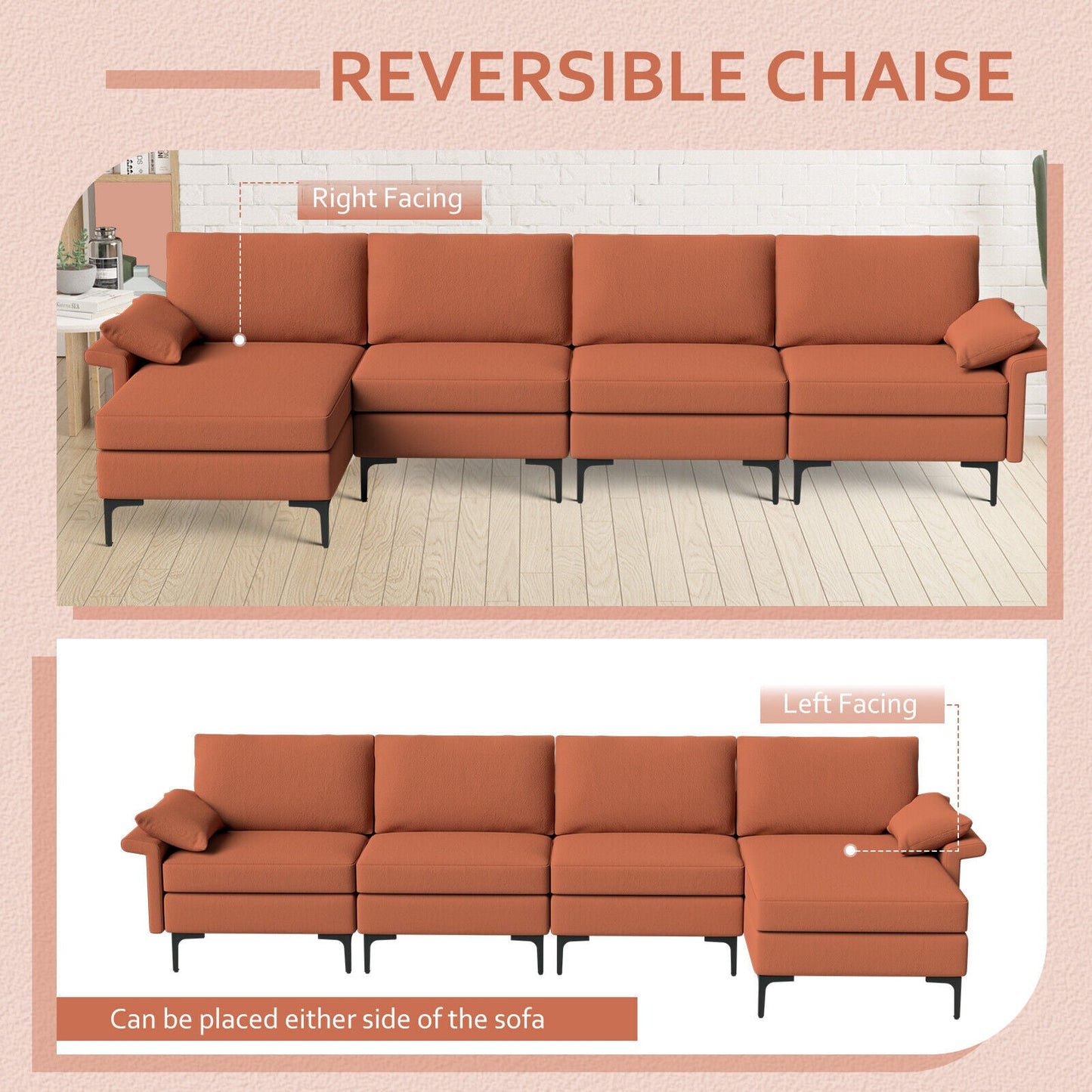 Extra Large L-shaped Sectional Sofa with Reversible Chaise and 2 USB Ports for 4-5 People