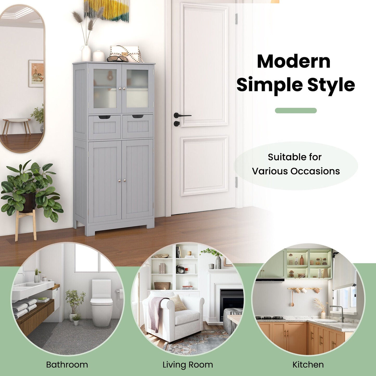 Mueble de baño independiente de 4 puertas con 2 cajones y puertas de cristal - Gris