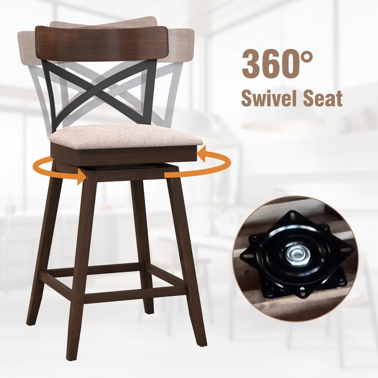 Juego de 2 taburetes de bar de madera giratorios con asiento acolchado y respaldo en X abierto - 25 pulgadas