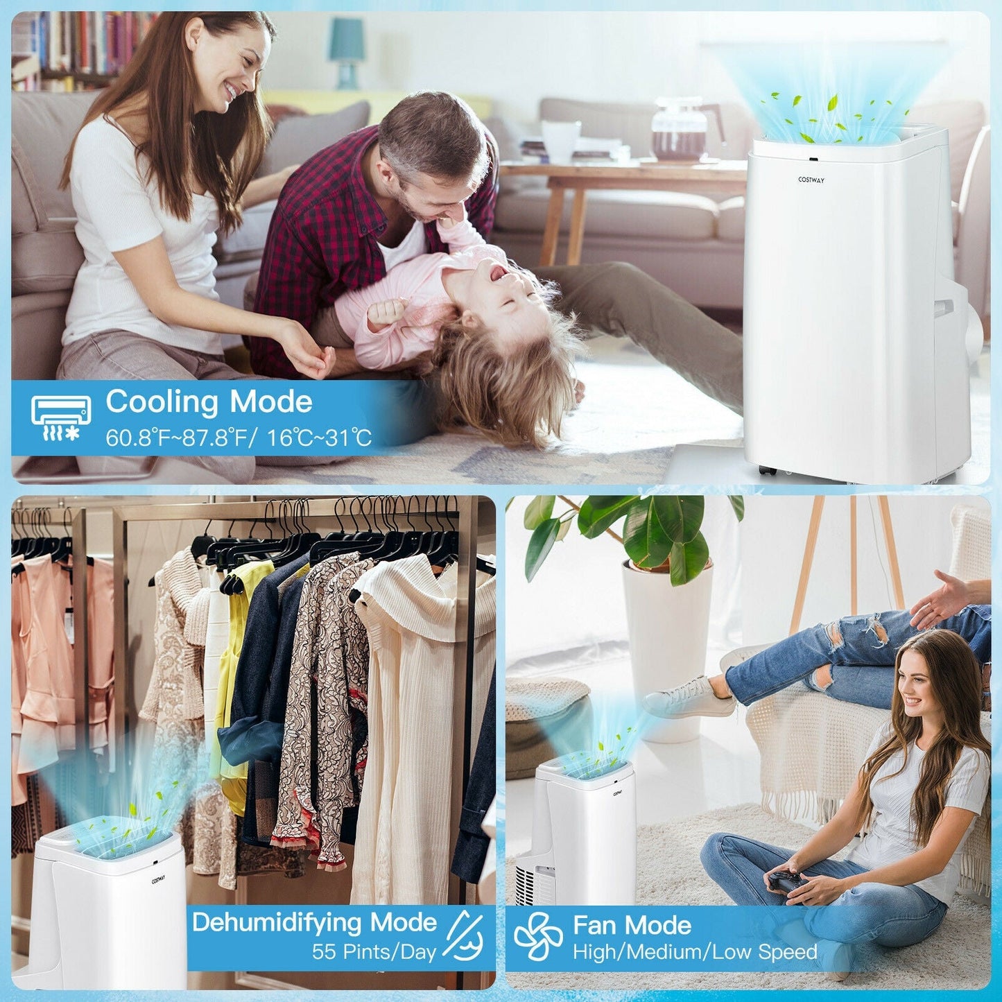 Aire acondicionado portátil 3 en 1 de 9000 BTU con control remoto-Blanco