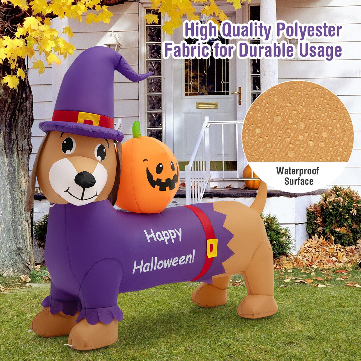 5 ft purple Halloween inflatable dachshund with orange pumpkin on its back and witch hat on Tampa Home & Garden Store
