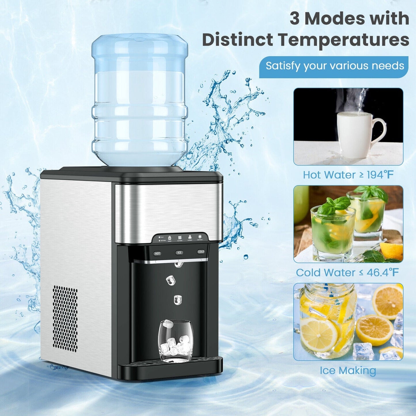 Dispensador de agua 3 en 1 con máquina de hielo incorporada y 3 ajustes de temperatura - Plateado