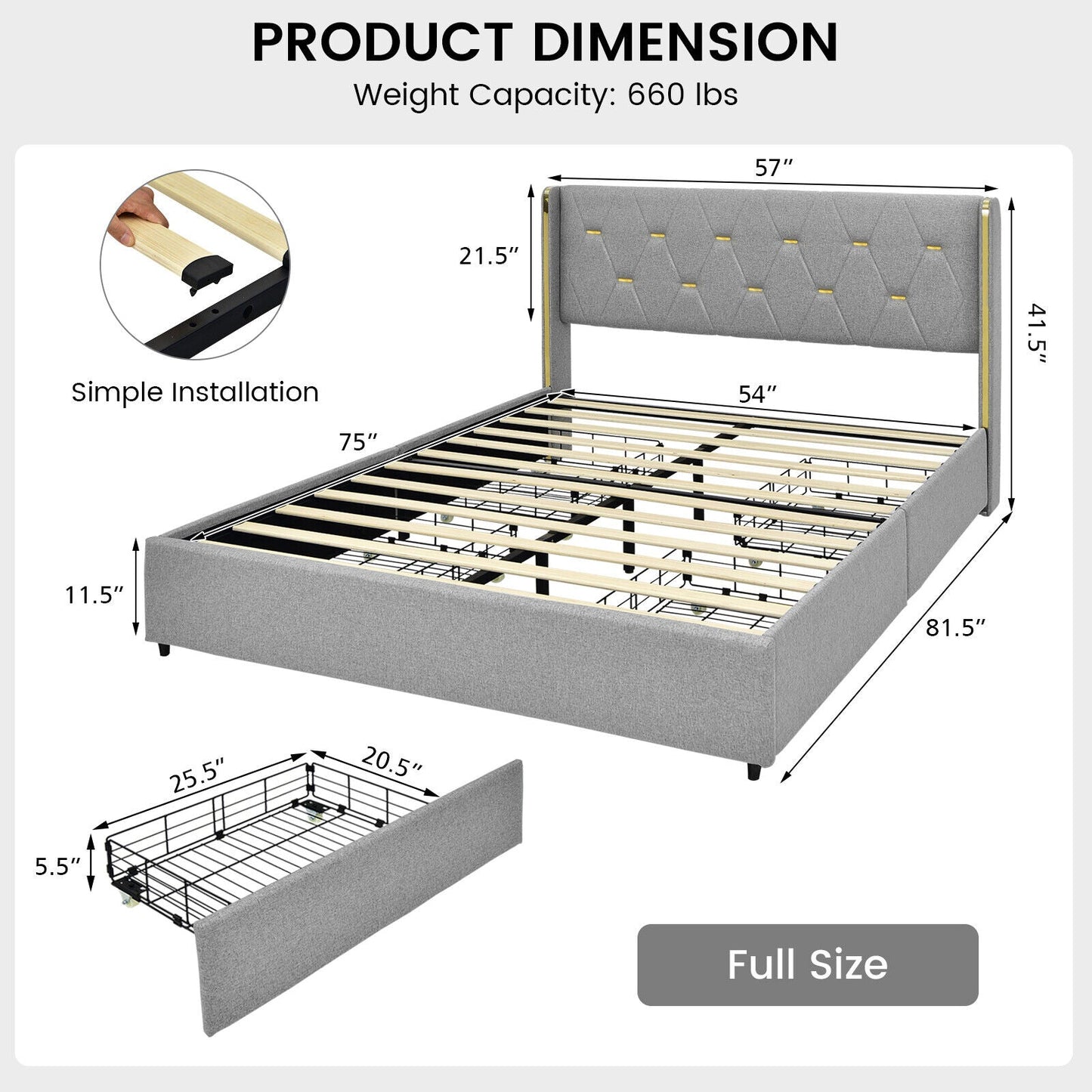 Base de cama tapizada Full/Queen con 4 cajones - Plateado - Tamaño Full