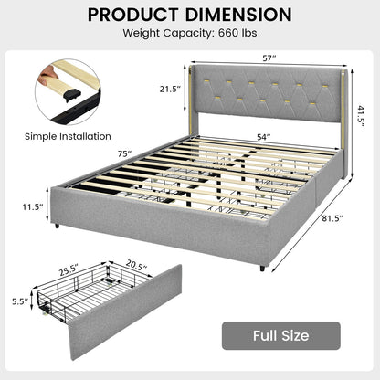 Base de cama tapizada Full/Queen con 4 cajones - Plateado - Tamaño Full