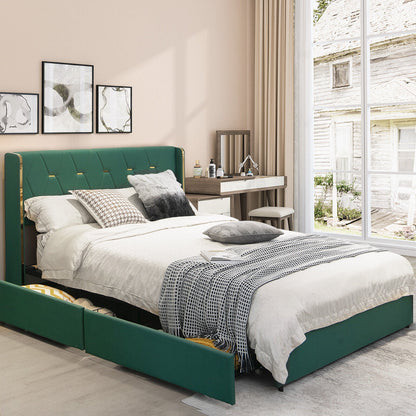 Base de Cama Tapizada con 4 Cajones, Tamaño Matrimonial/Queen - Verde - Tamaño Matrimonial