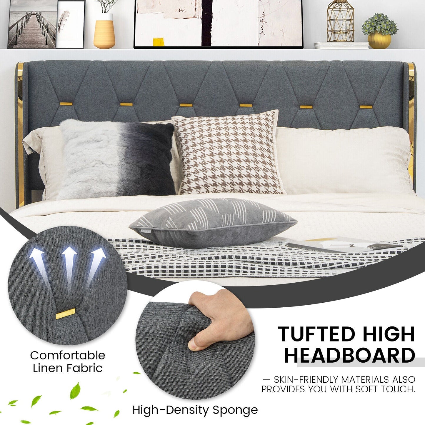 Base de cama tapizada con 4 cajones de almacenamiento, tamaño matrimonial/queen-Matrimonial