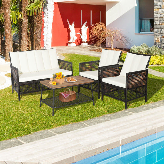 4 Pieces Patio Rattan Furniture Set with 2-Tier Coffee Table-White - Tampa Home & Garden Store