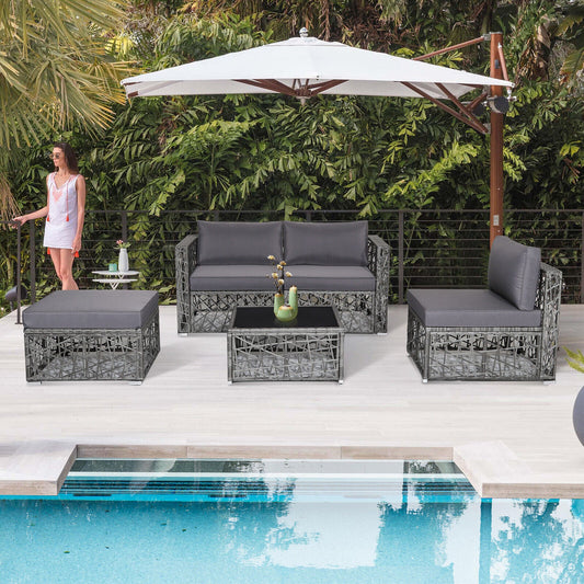 5 Pieces Patio PE Rattan Wicker Sofa Furniture Set-Gray - Tampa Home & Garden Store