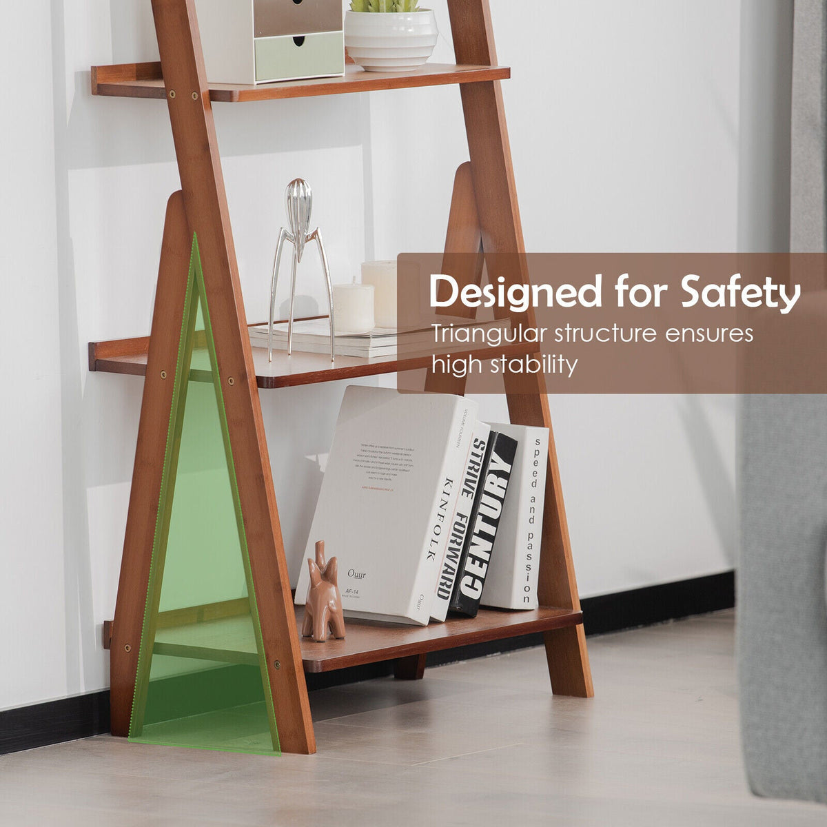 5-Tier bamboo ladder shelf for home use with warm brown wood and green accent panels on Tampa Home & Garden Store