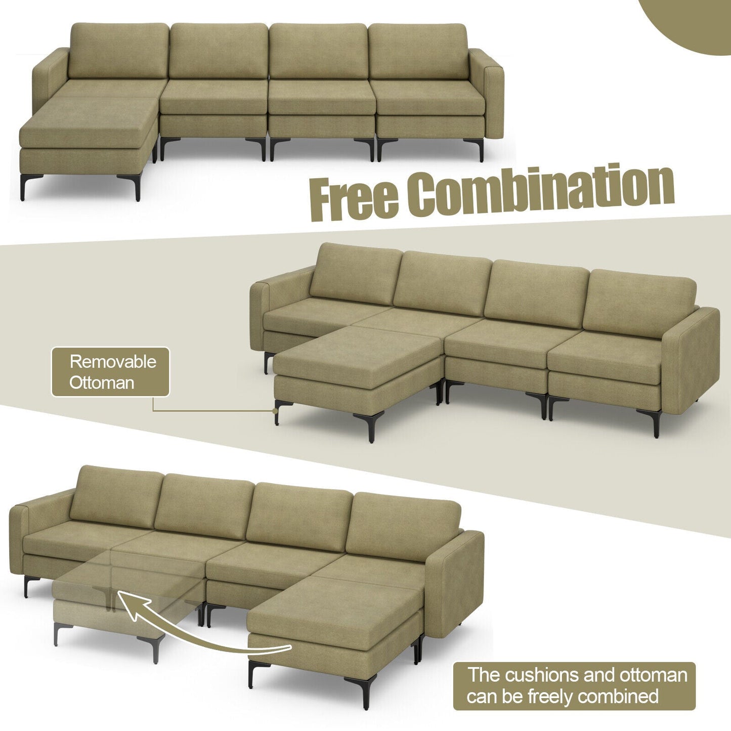 Modular L-shaped Sectional Sofa with Reversible Ottoman and 2 USB Ports