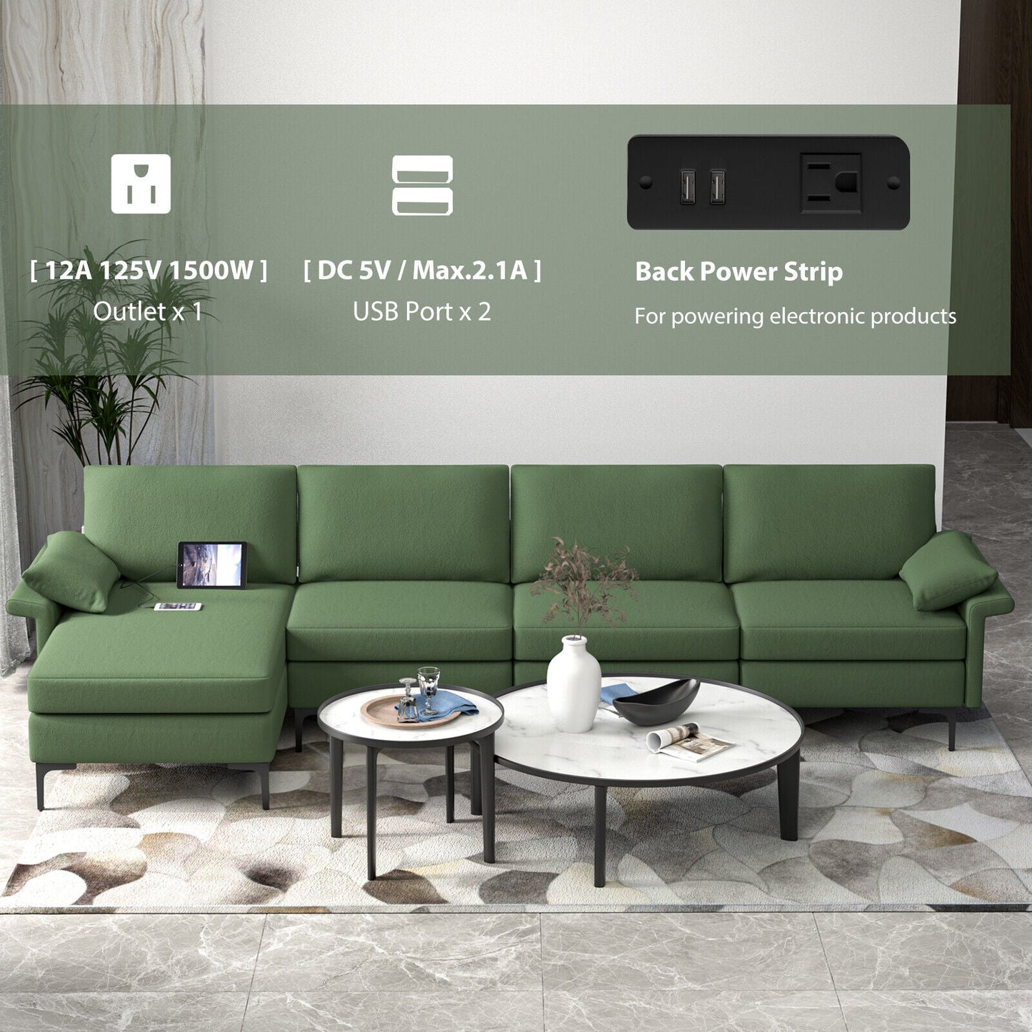 Extra Large L-shaped Sectional Sofa with Reversible Chaise and 2 USB Ports for 4-5 People