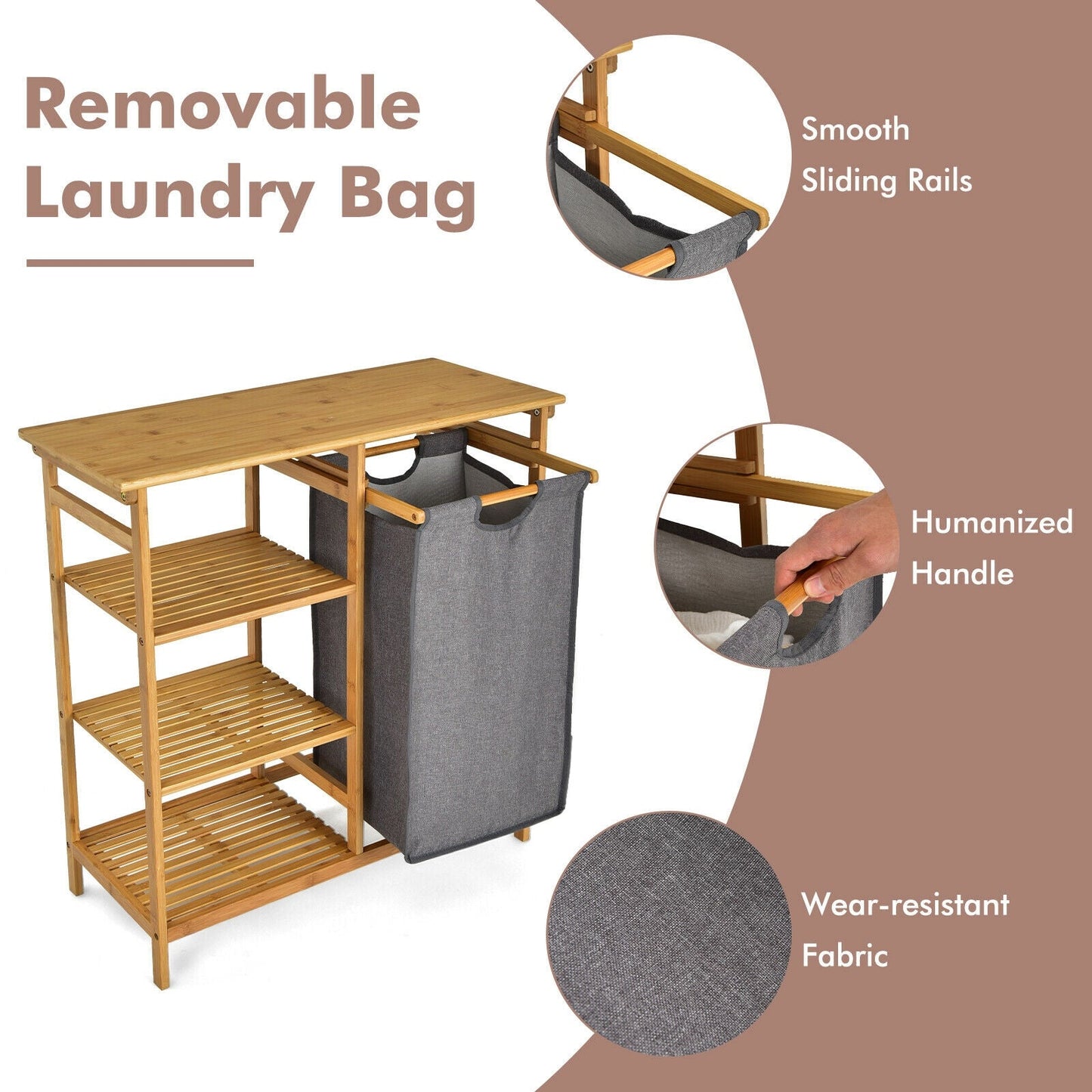 Cesto de ropa de bambú con bolsa deslizante extraíble y estantes abiertos de 3 niveles