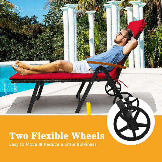 Folding Patio Rattan Lounge Chair with Wheels-Red - Tampa Home & Garden Store