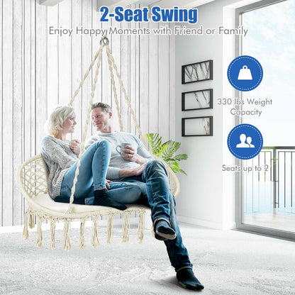 Silla de hamaca colgante de macramé para 2 personas con cojín - Beige