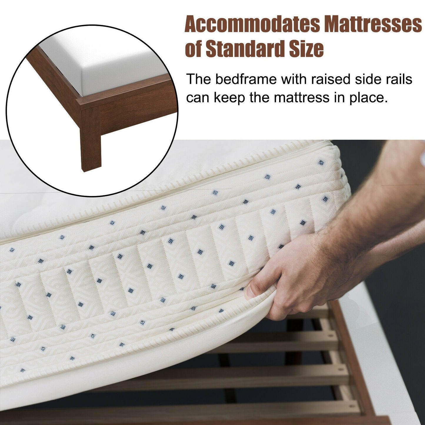 Base de Cama Queen con Plataforma y Somier de Lamas, Cabecero Alto y Patas de Madera de Caucho-Nogal