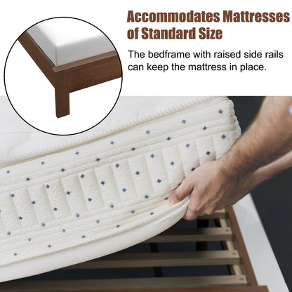 Base de Cama Queen con Plataforma y Somier de Lamas, Cabecero Alto y Patas de Madera de Caucho-Nogal