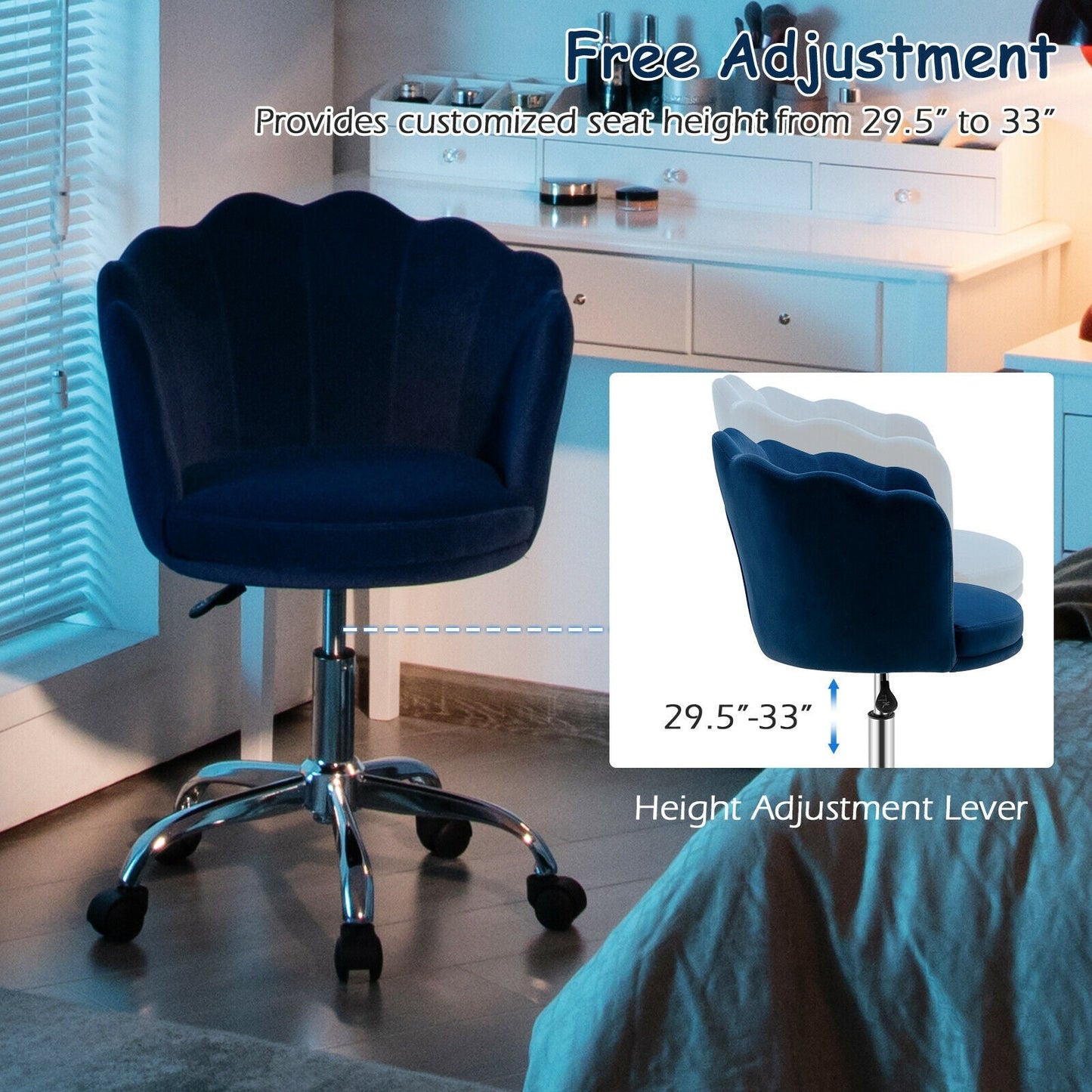 Silla de tocador de terciopelo ajustable con respaldo de concha marina y ruedas - Rosa