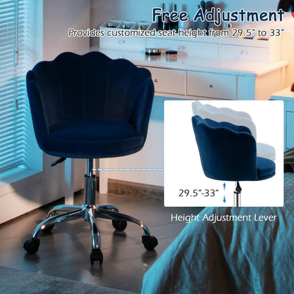 Silla de tocador de terciopelo ajustable con respaldo de concha marina y ruedas - Rosa