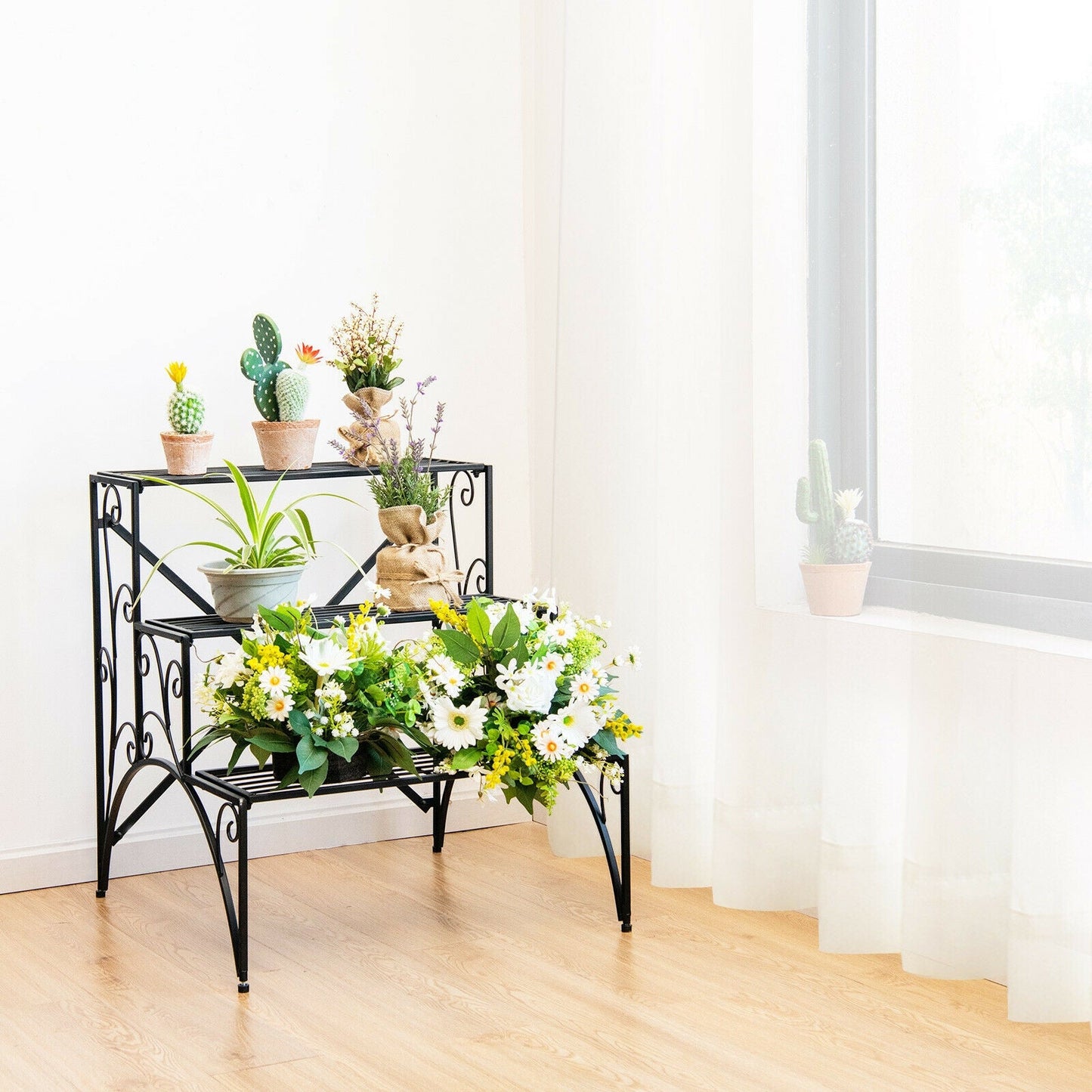Estantería de metal de 3 niveles para plantas con rejilla ensanchada para porche/jardín-Negro