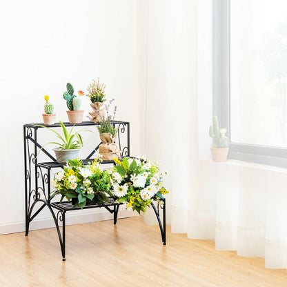 Estantería de metal de 3 niveles para plantas con rejilla ensanchada para porche/jardín-Negro