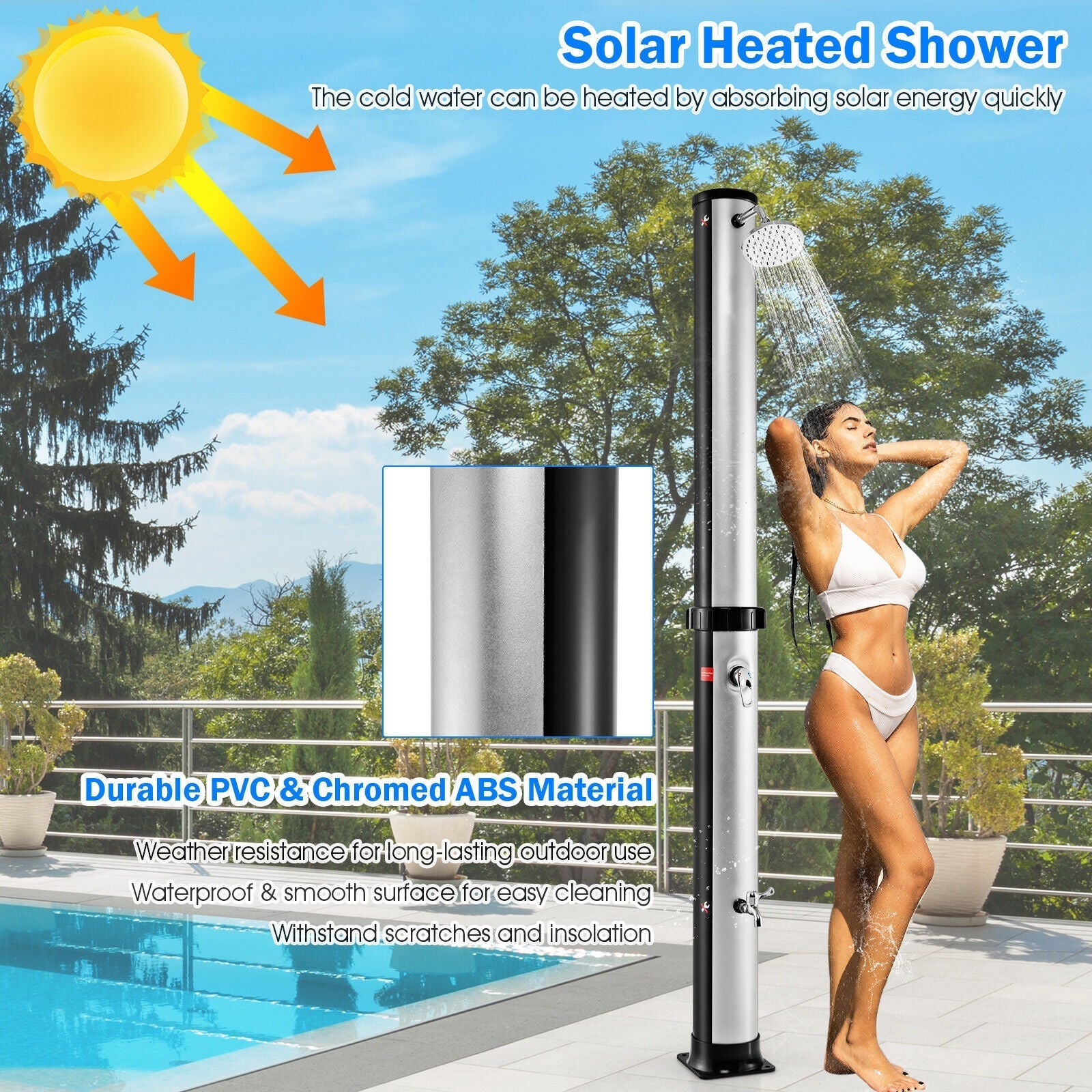 7.2 ft GemGear solar-heated outdoor shower with free-rotating head, stainless steel pole by pool on Tampa Home & Garden Store