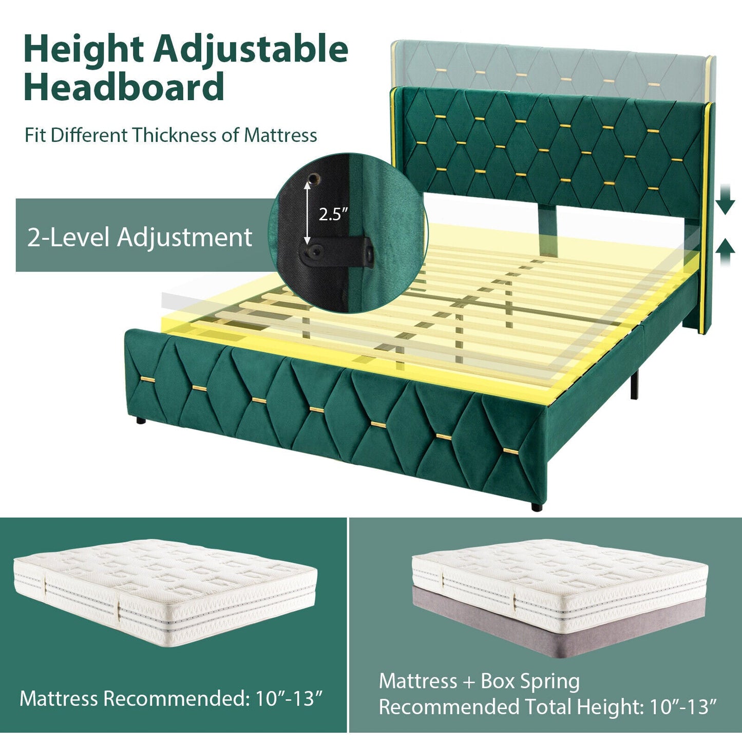 Base de cama de plataforma tapizada tamaño Queen/matrimonial con cabecera ajustable-Matrimonial
