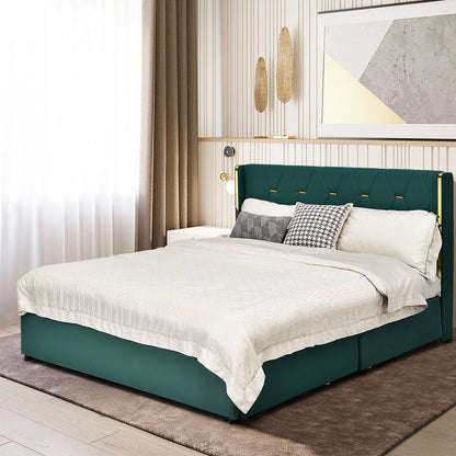 Base de Cama Tapizada con 4 Cajones, Tamaño Matrimonial/Queen - Verde - Tamaño Matrimonial