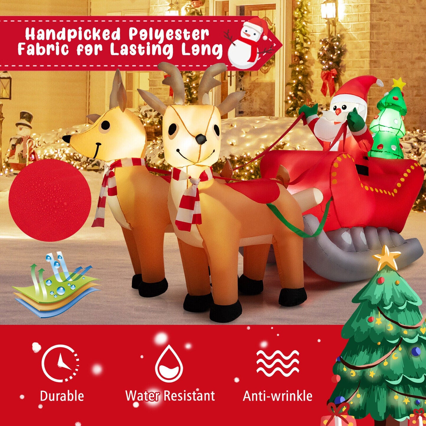 DirectDeals 7.2ft inflatable Santa on red sleigh pulled by two reindeer with LED lights on Tampa Home & Garden Store