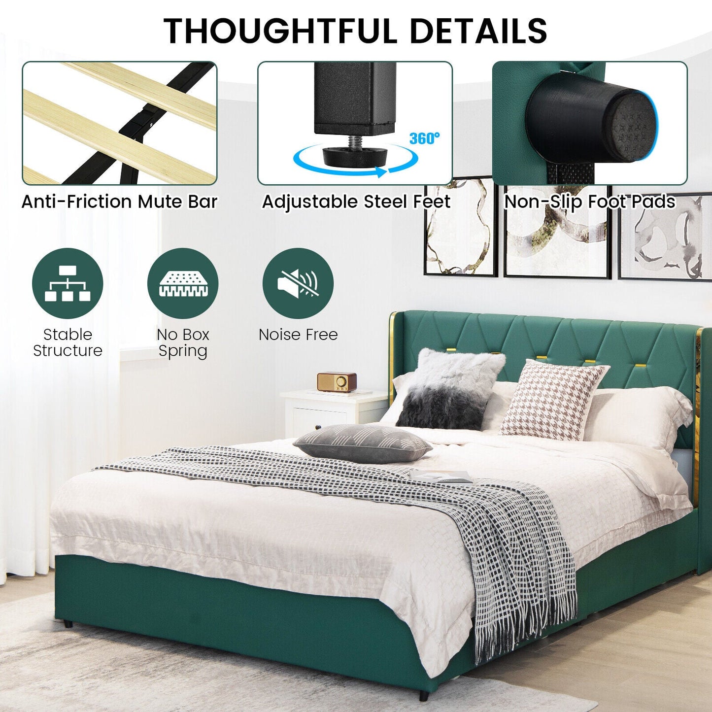 Base de Cama Tapizada con 4 Cajones, Tamaño Matrimonial/Queen - Verde - Tamaño Matrimonial