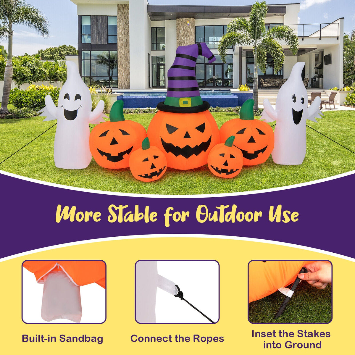9 ft Halloween inflatable pumpkins with 2 ghosts by DirectDeals, orange pumpkins with purple hat on Tampa Home & Garden Store