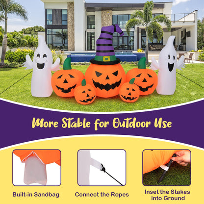 9 ft Halloween inflatable pumpkins with 2 ghosts by DirectDeals, orange pumpkins with purple hat on Tampa Home & Garden Store