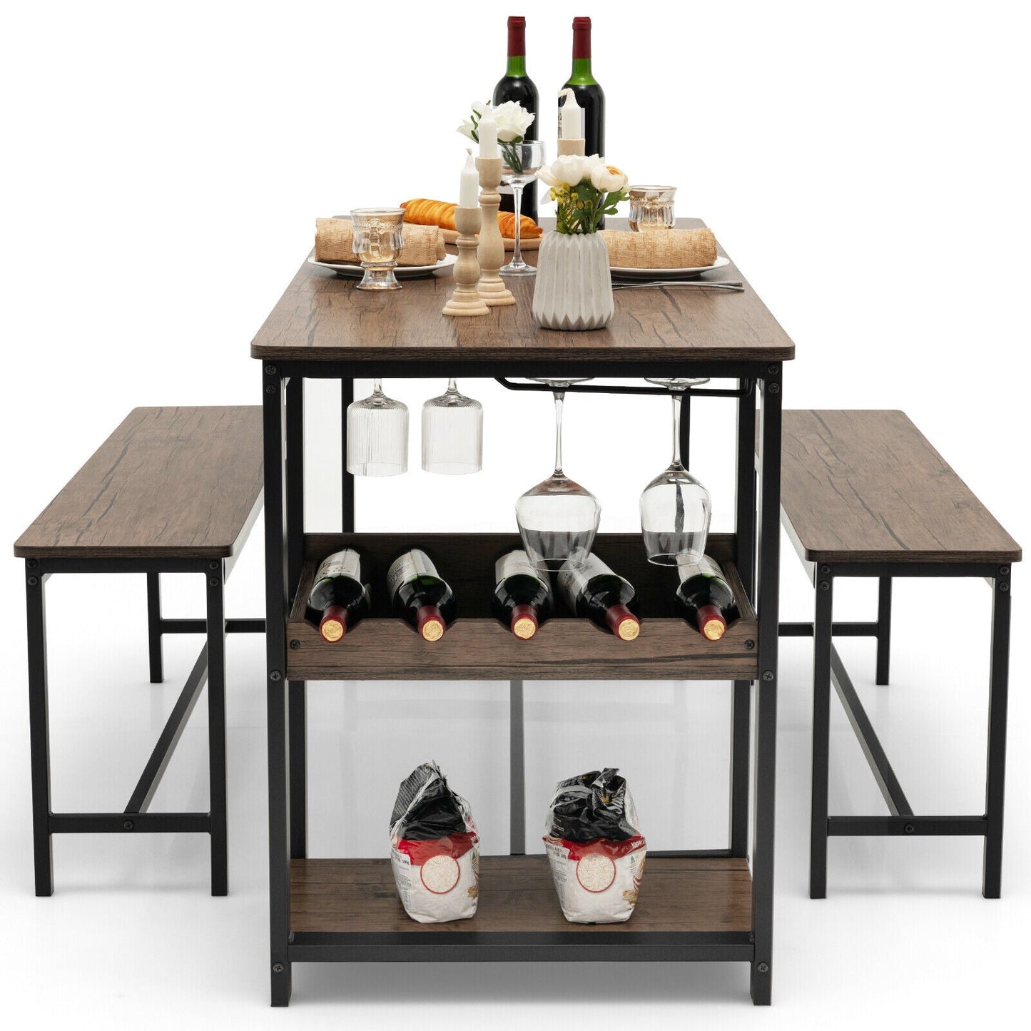 Juego de mesa de comedor de 3 piezas para 4 con botellero - Marrón
