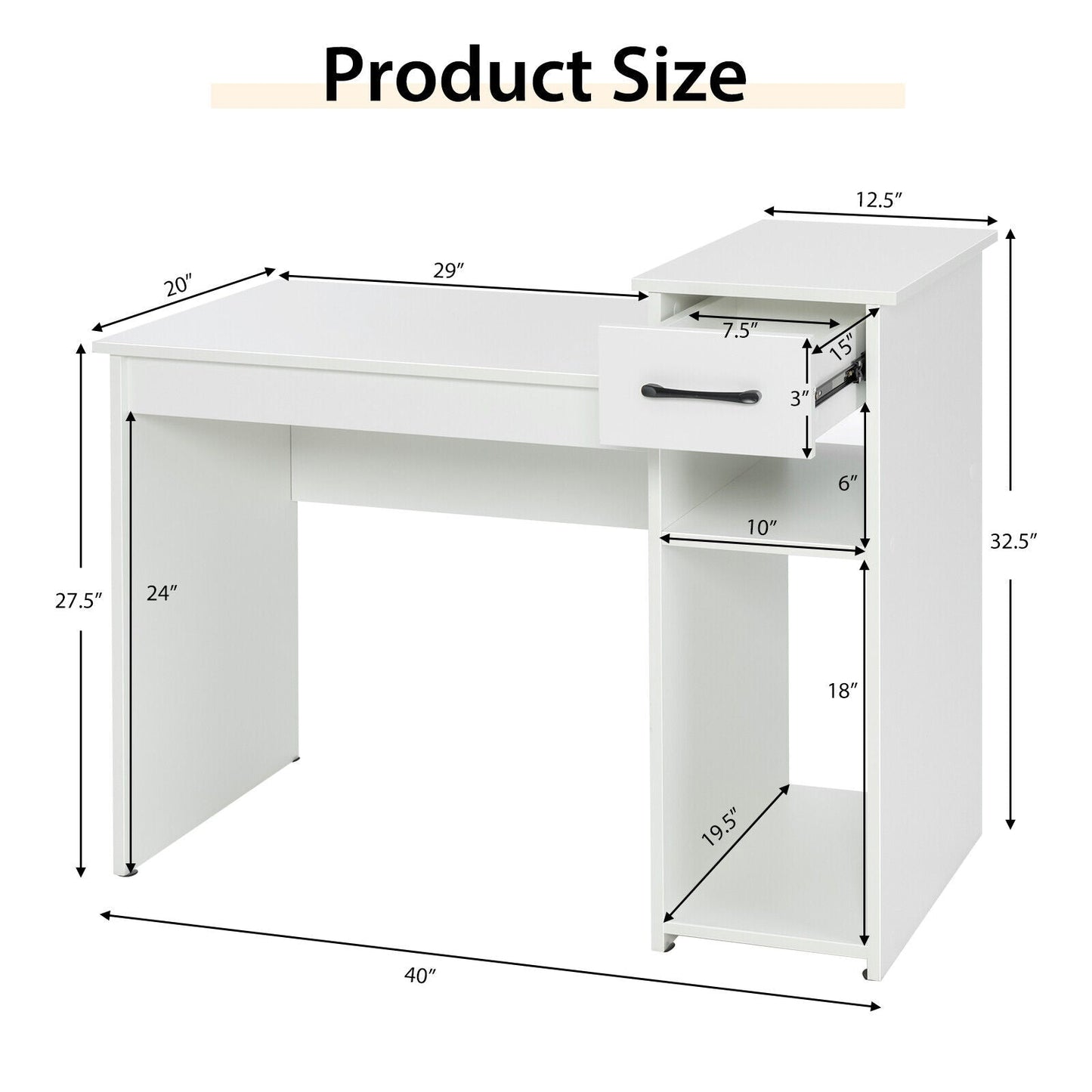 Escritorio para computadora portátil con cajón y estante - Blanco