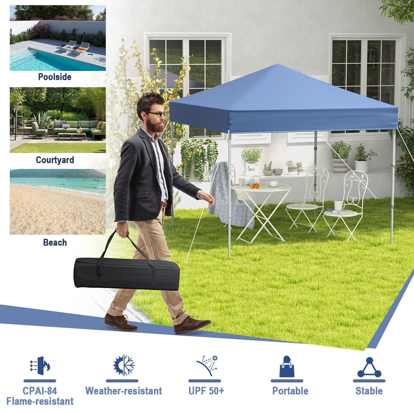 GemGear blue 6.6x6.6 ft outdoor pop-up canopy with UPF 50+ sun protection, portable on Tampa Home & Garden Store