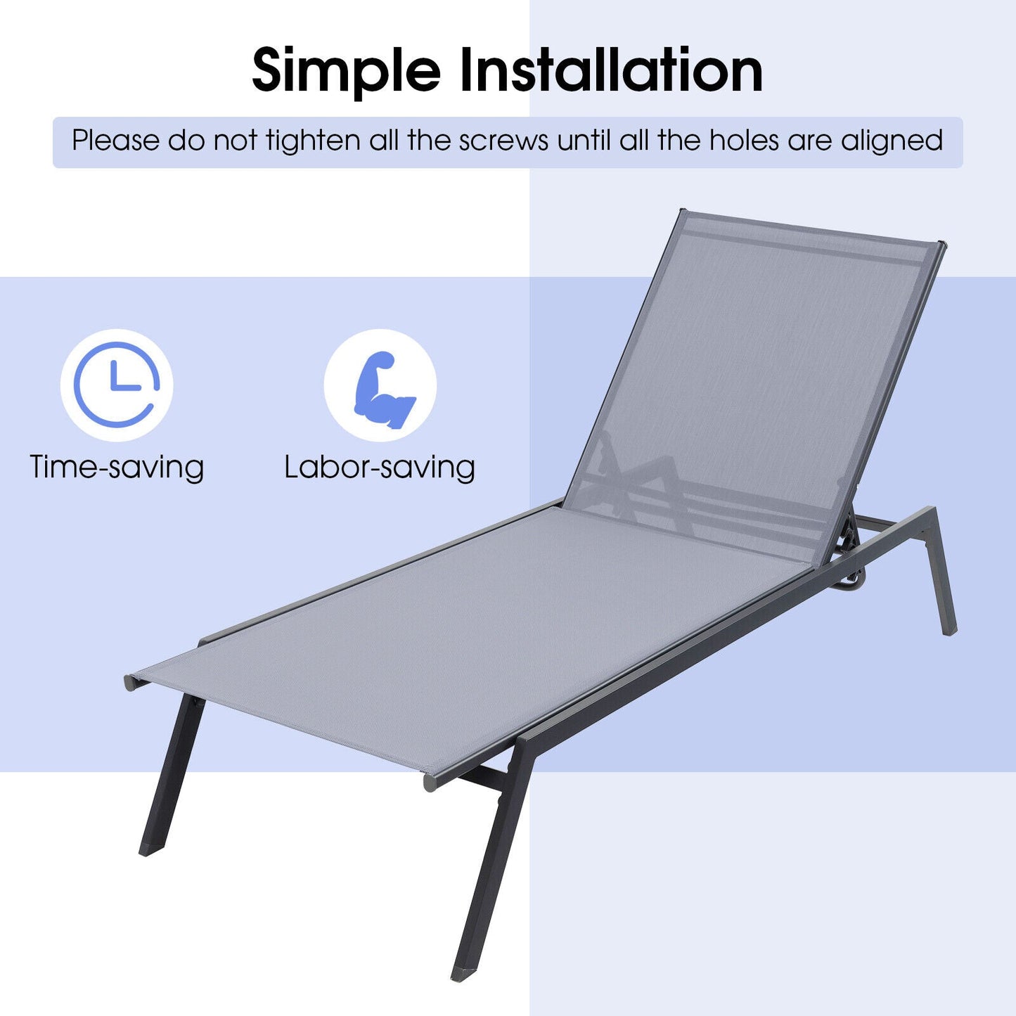 Tumbona reclinable ajustable para exterior con posición horizontal y tejido de secado rápido