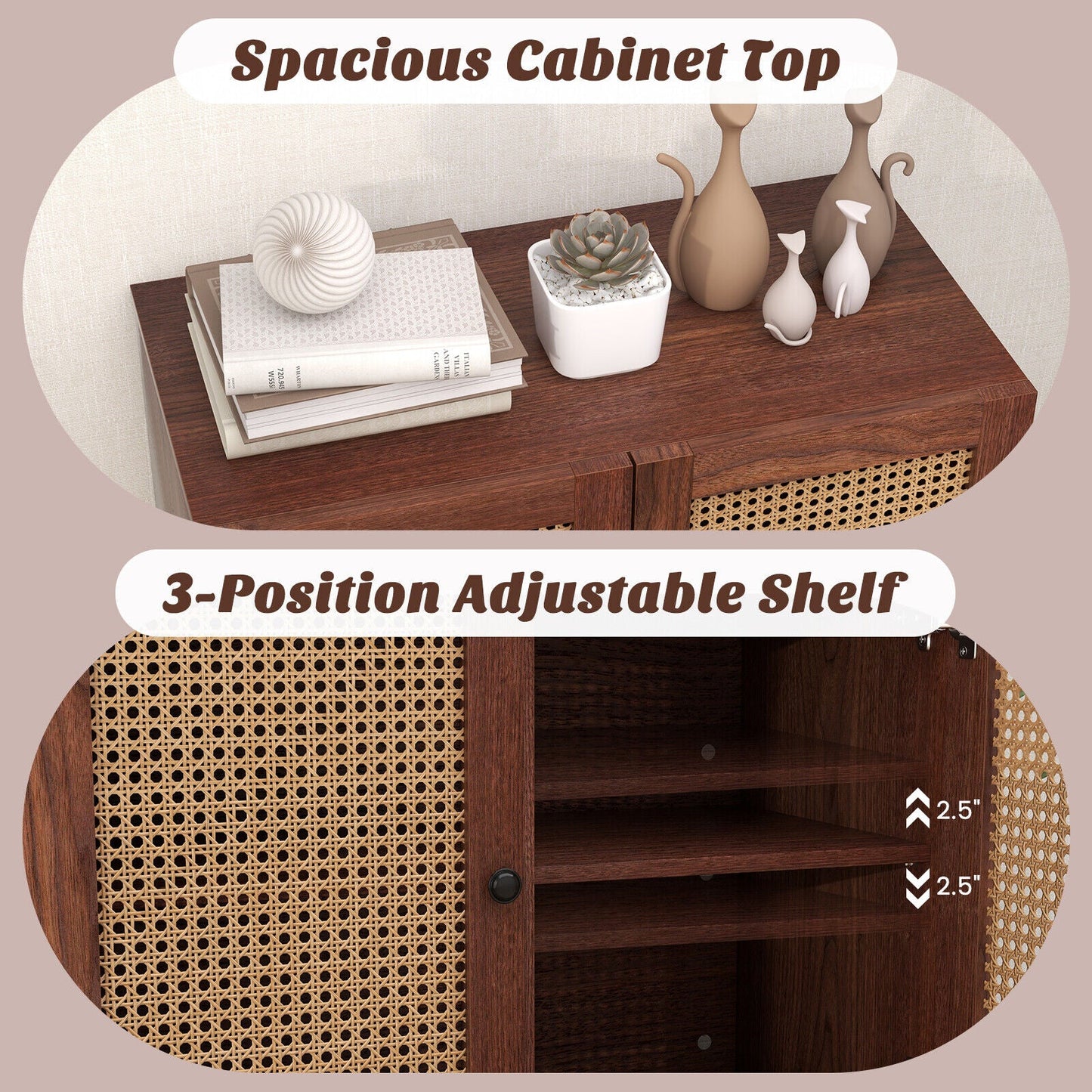 Kitchen Sideboard with 2 Rattan Doors and Adjustable Shelf-Walnut