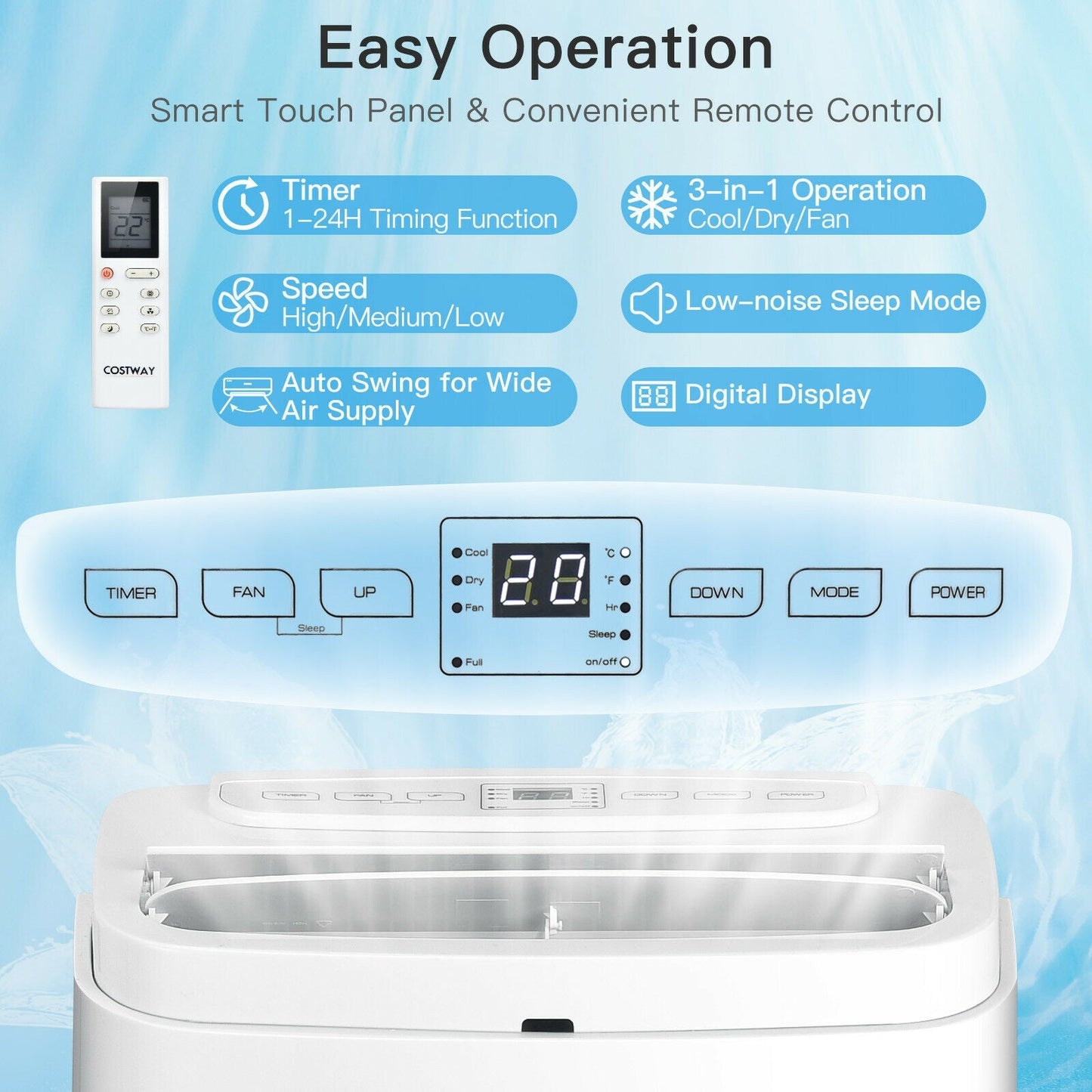 Aire acondicionado portátil 3 en 1 de 9000 BTU con control remoto-Blanco
