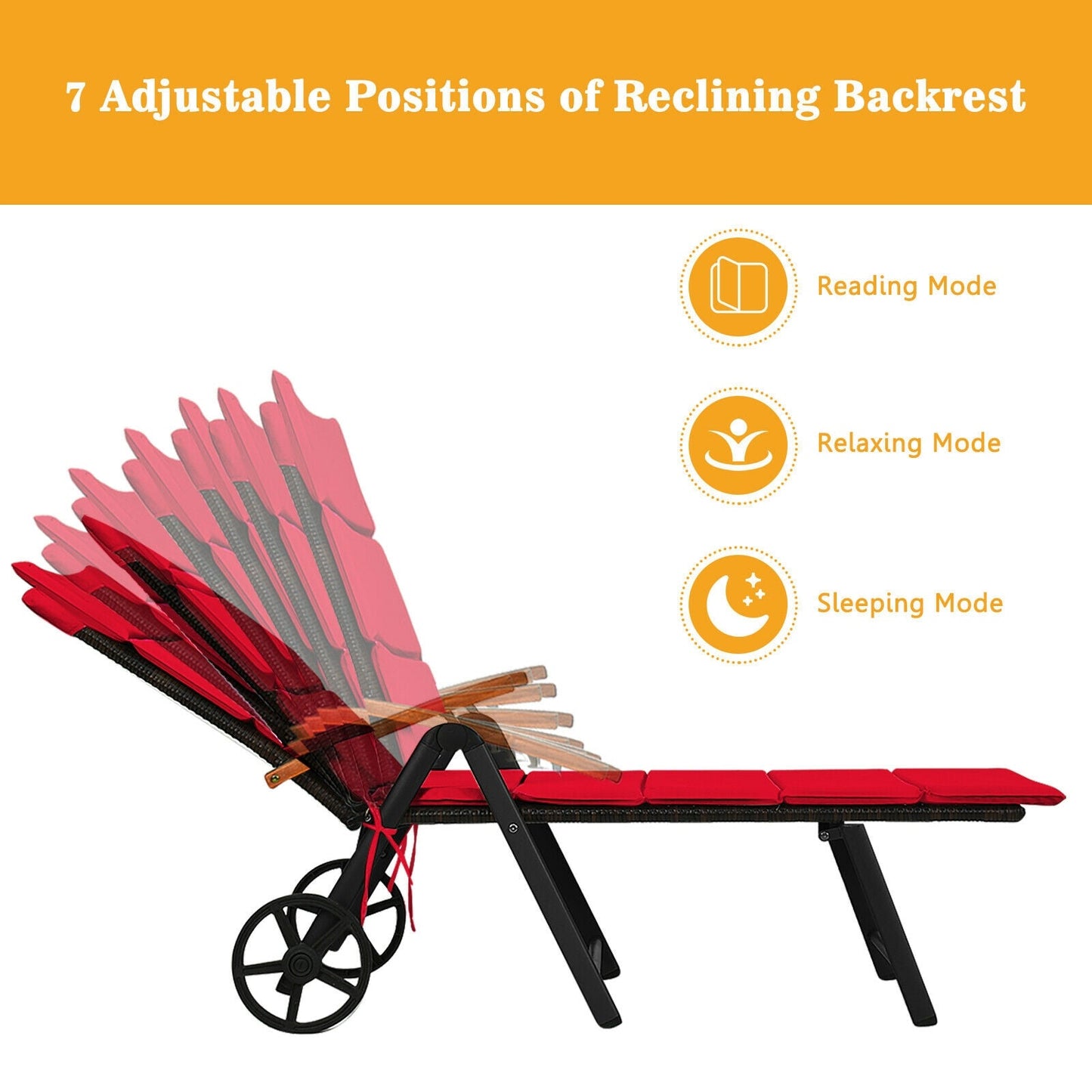 Tumbona Plegable de Ratán para Patio con Ruedas - Roja