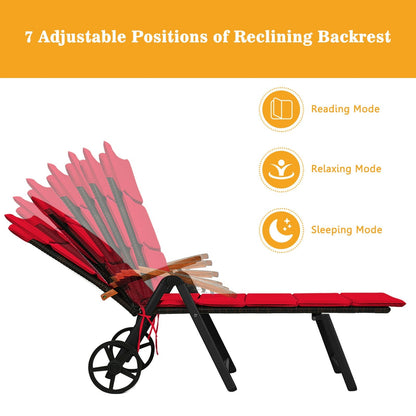Tumbona Plegable de Ratán para Patio con Ruedas - Roja