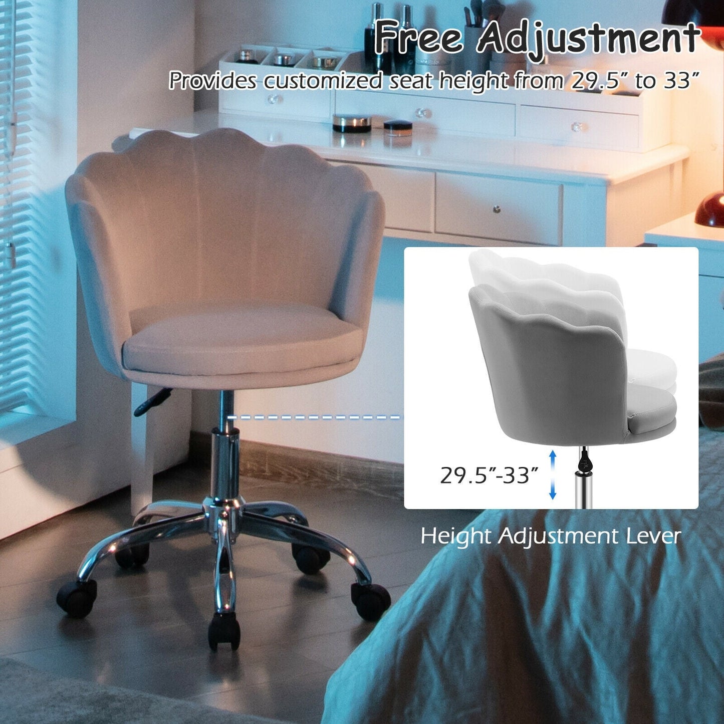 Silla de tocador de terciopelo ajustable con respaldo de concha marina y ruedas - Rosa
