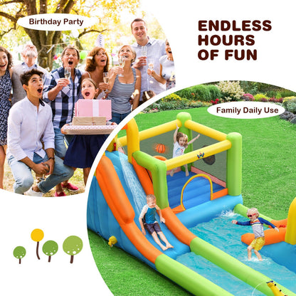 8-in-1 Inflatable Water Slide Bounce House with Splash Pool and 735W Blower
