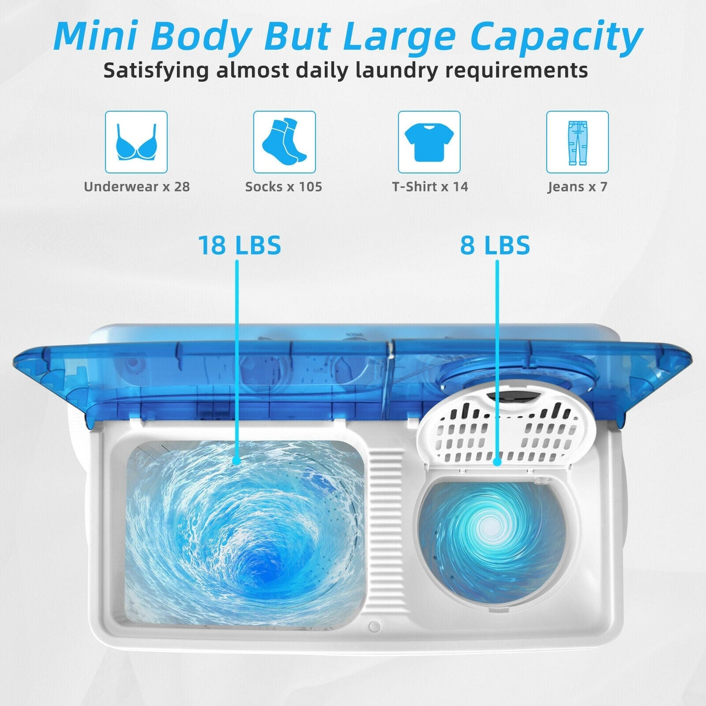 Lavadora semiautomática portátil de doble tina de 26 lb con bomba de drenaje - Azul